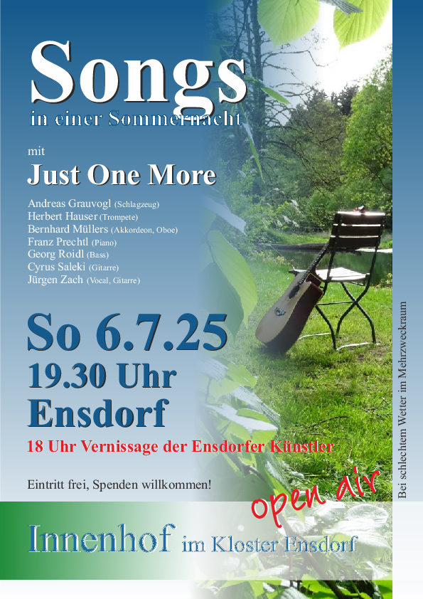 Plakat mit iNfos zur Veranstaltung im Kloster Ensdorf: "Songs in einer Sommernacht"